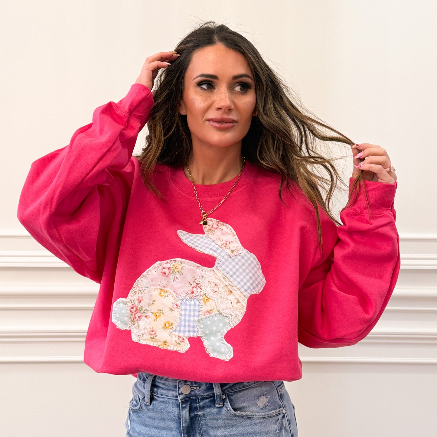 Floral Bunny FAUX Patchwork, Floral Retro, Gingham FAUX Patchwork (NOT Real Fabric Patches) Sweatshirt