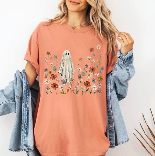Wildflowers Ghost, Spooky Season PNG, Ghost Lover, Spooky Floral Ghost, Botanical Ghost, Preppy Fall, Halloween Ghost T-shirt