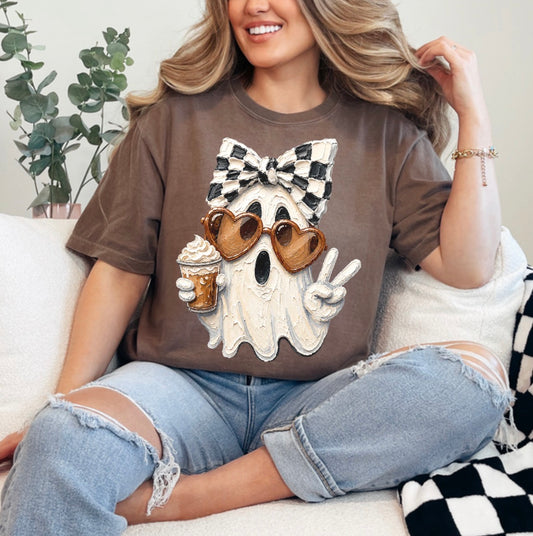 Coquette Ghost, Pumpkin Spice Ghost, Fall Coffee Ghost with Bow, Cute Halloween T-shirt