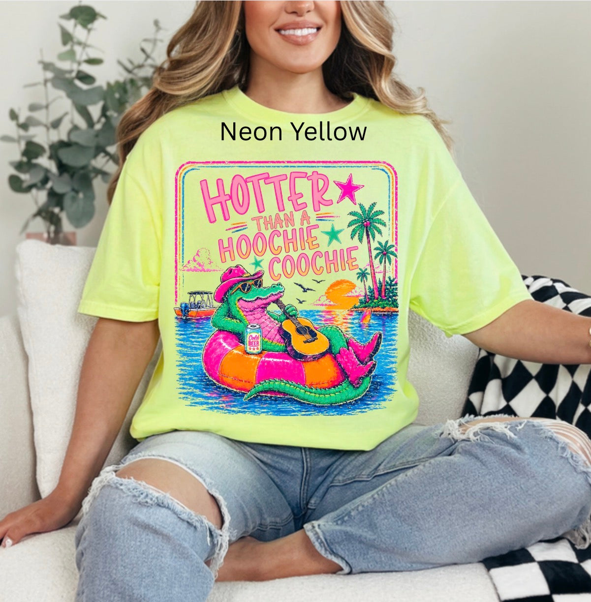 Hotter Than A Hoochie Coochie, Neon, Summer, Funny, Alligator, Trendy Summer T-shirt