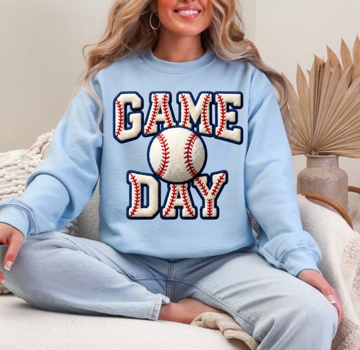 FAUX Yarn Game Day Softball And Baseball, Faux Yarn Sports Trendy Mom (NOT Real Fabric Patches) Sweatshirt (Website)