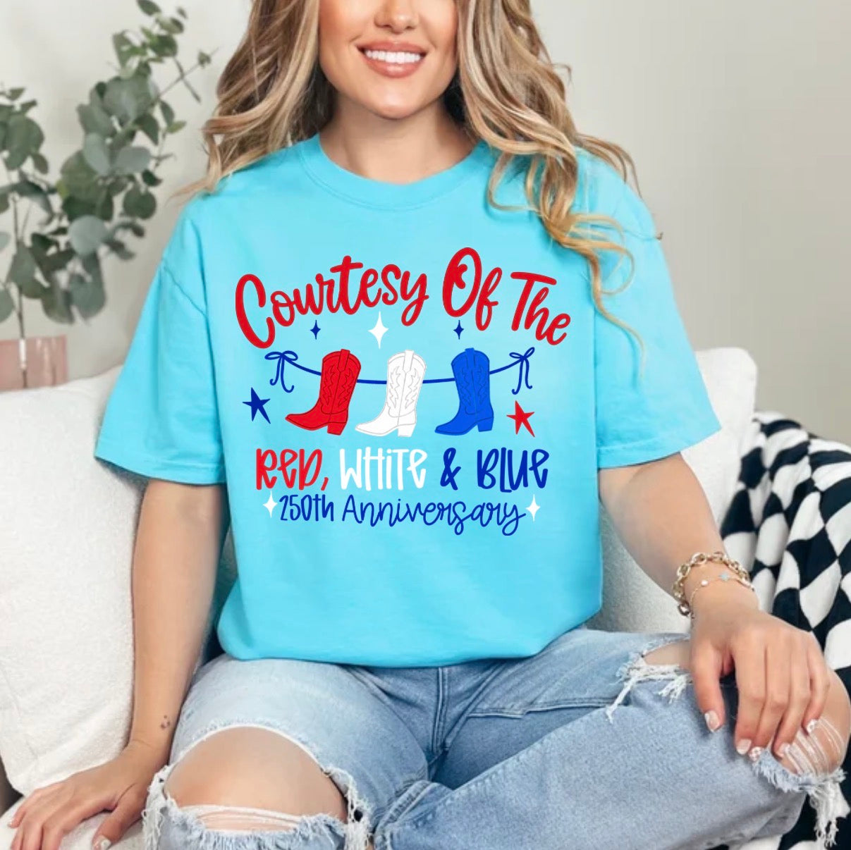 Courtesy Of The Red White And Blue, Patriotic Cowboy Boots, 4th Of July, USA 250th Anniversary T-shirt