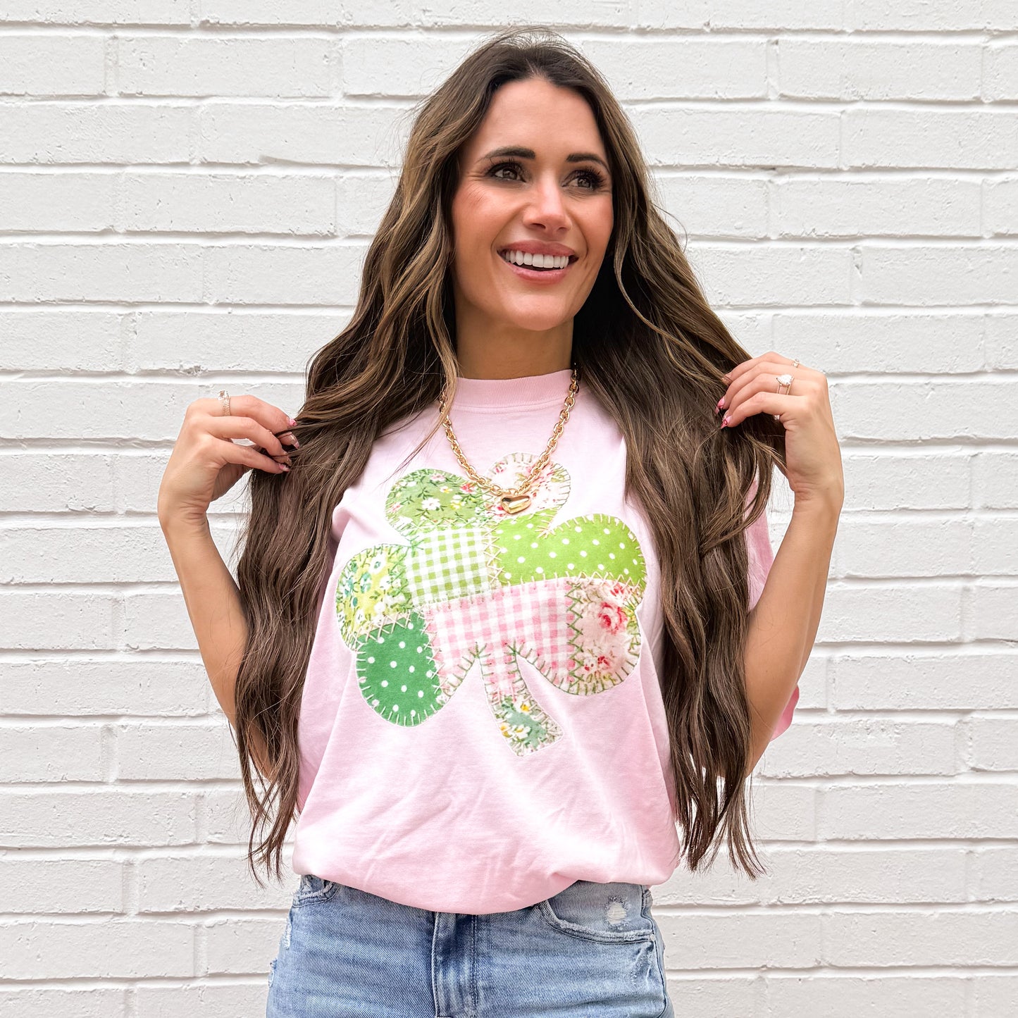 Floral FAUX Patchwork Shamrock, Vintage Faux Fabric Clover, Pink Green Stitched Shamrock, ( NOT Real Fabric Patches)Sweatshirt