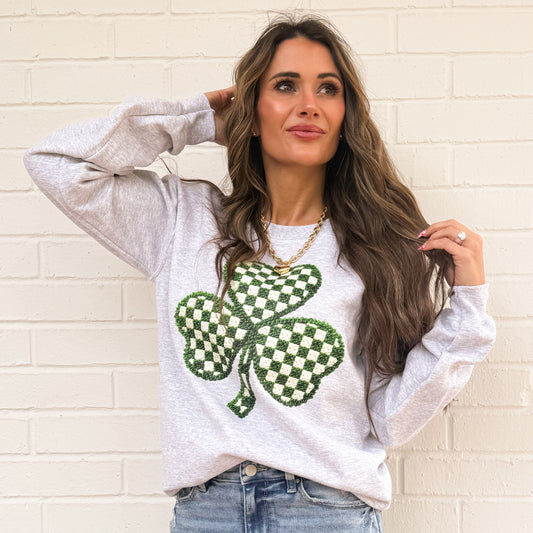 FAUX Knit St Patricks Day Clover, Faux Knit, Trendy Checkered Shamrock Knit, Faux Yarn Patricks Day , Latch Hook Yarn (NOT Real Fabric Patches) Sweatshirt (Website)