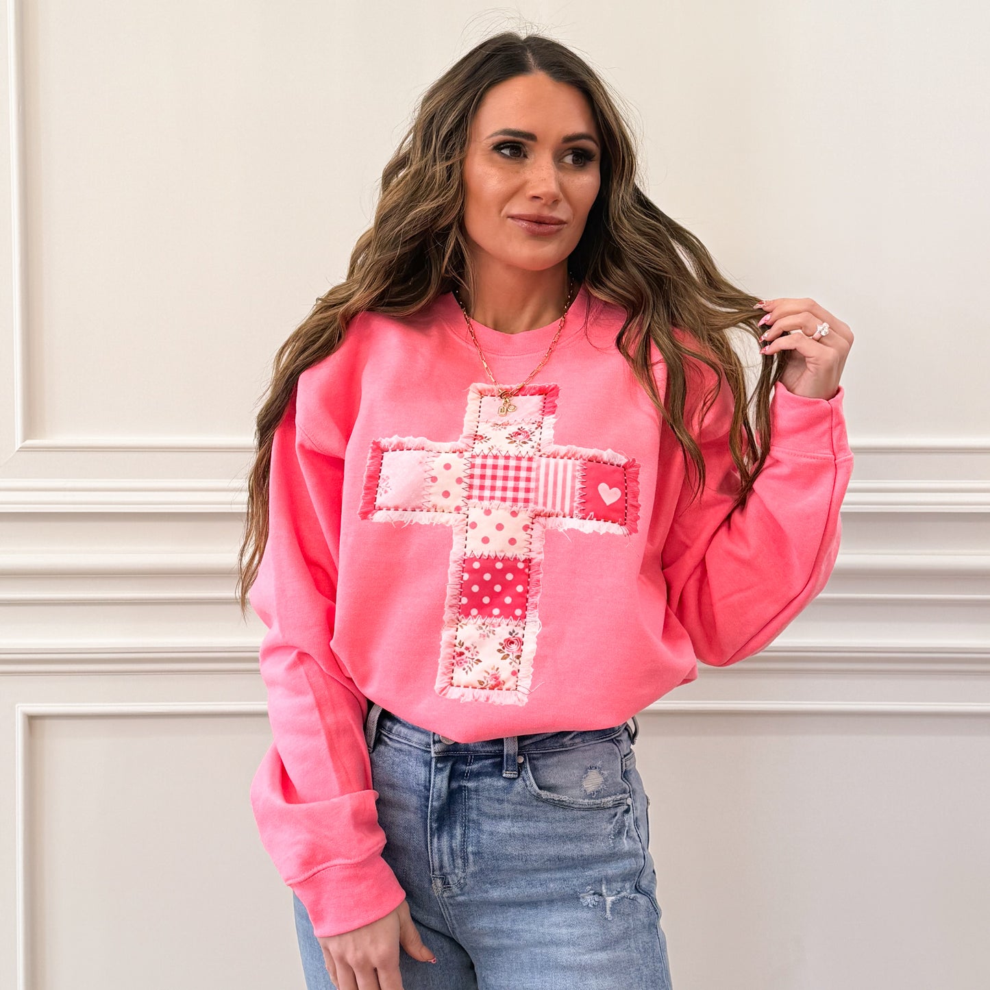 FAUX Patchwork , DTF Print, Valentine Cross, Trendy Valentine, Valentine's Day, Jesus Valentine, Valentine Heart, Christian Sweatshirt (NOT Real Fabric Patches) (Website)