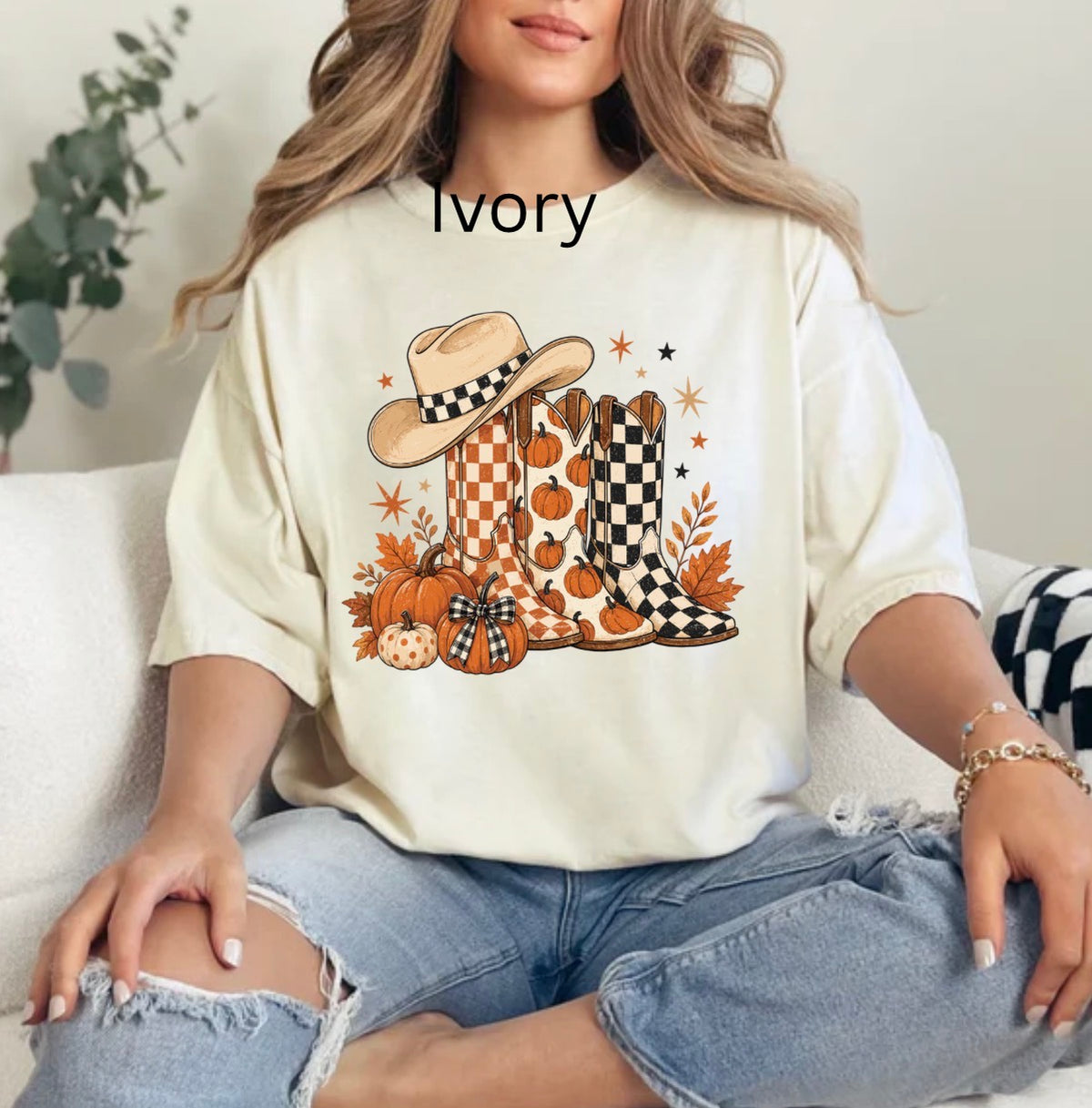 Fall Cowboy Boots, Checkered Boots, Cowboy Fall, Western Fall, Boots, Pumpkins, Trendy Western Fall T-shirt