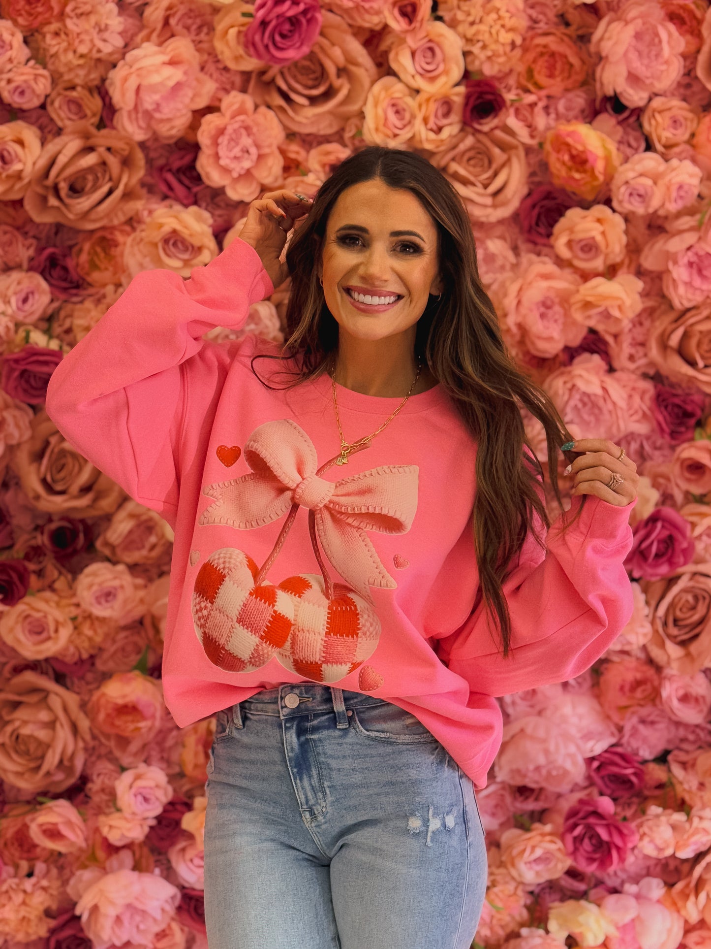 Cherry with Bow, Faux Crochet Patches Valentines Day, Cherry, valentines day, Preppy, Cherry with Bow Sweatshirts