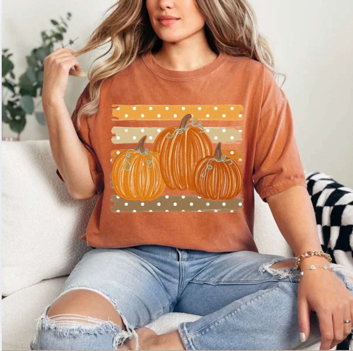 Preppy fall pumpkins, fall, autumn, polka dots, stripes, trendy fall T-shirt