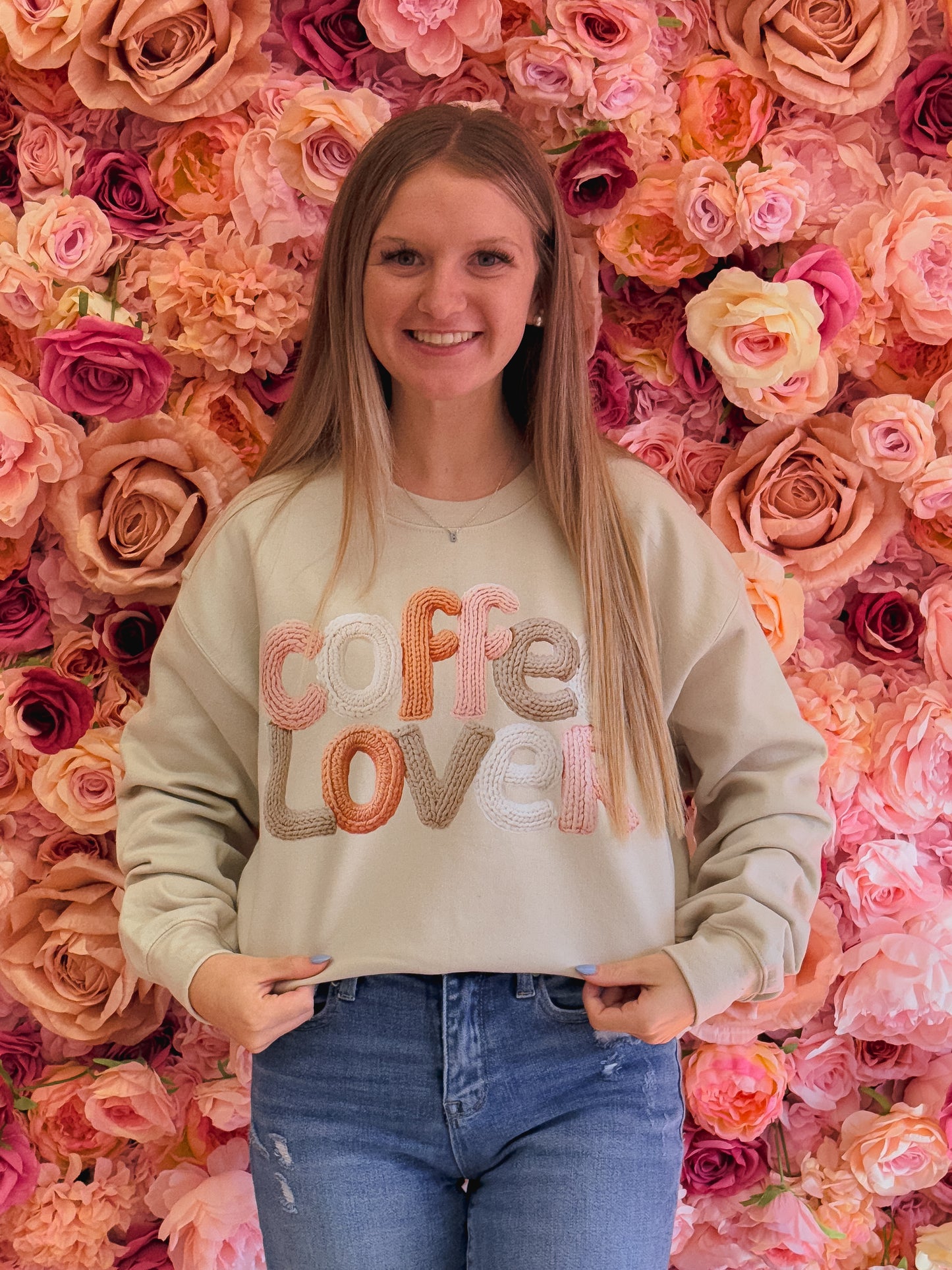 Coffee Lover, Faux Yarn Letters, Preppy, Coffee Sweatshirt
