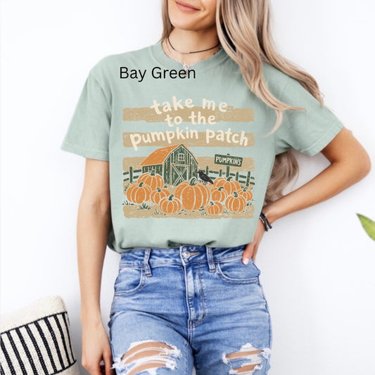 Take me to the pumpkin patch, fall vibes, cozy season, autumn, leaves, trendy fall t-shirt