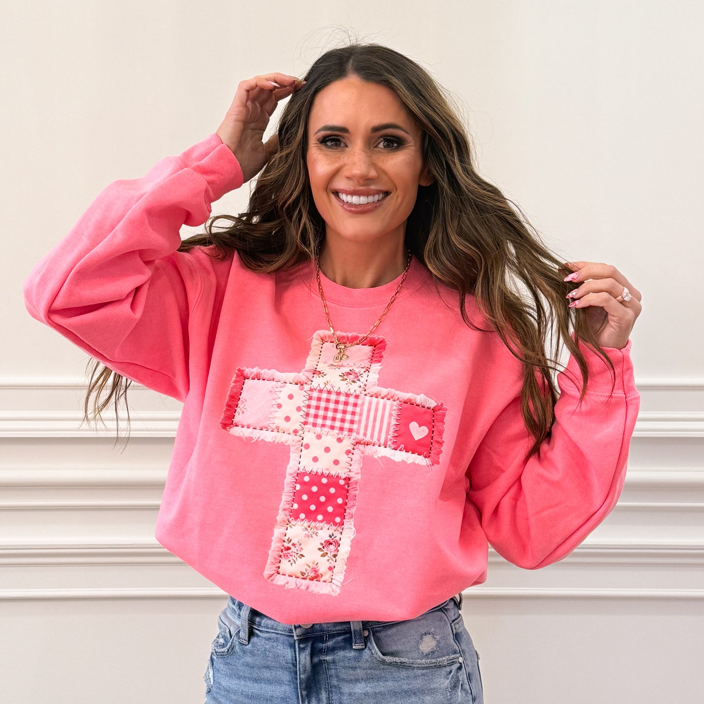 FAUX Patchwork , DTF Print, Valentine Cross, Trendy Valentine, Valentine's Day, Jesus Valentine, Valentine Heart, Christian Sweatshirt (NOT Real Fabric Patches) (Website)