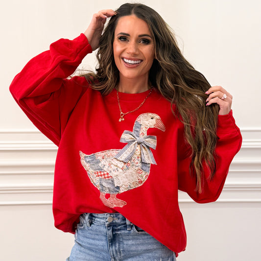 Faux Denim Goose Patchwork , DTF Print, Grandma core Goose, Trendy Easter, Floral Retro Coquette Duck, Cottage Core Gingham Patchwork, Spring Patchwork (NOT Real Fabric Patches) Sweatshirt (Website)