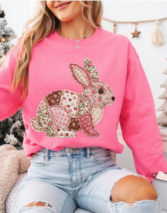 Floral Bunny Faux Patchwork, DTF Print, Trendy Easter Spring Patchwork, Floral Retro, Cottage core Gingham Patchwork
