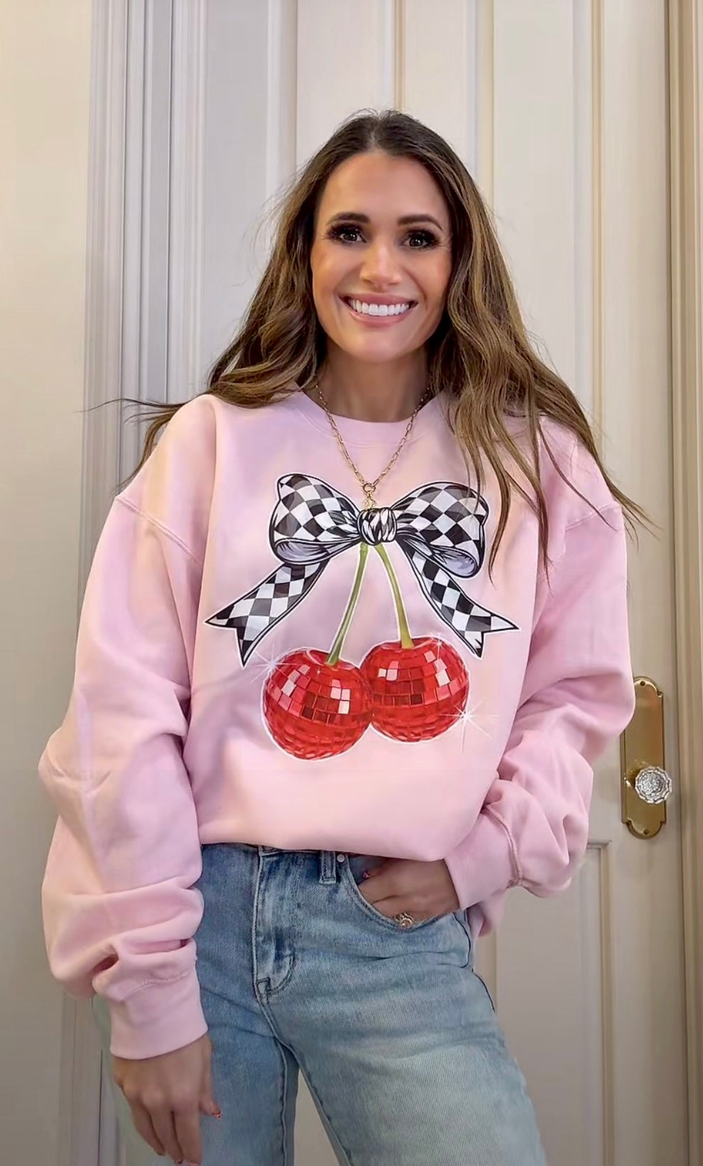 Red Disco Cherries,  Checkered Bow Sweatshirt