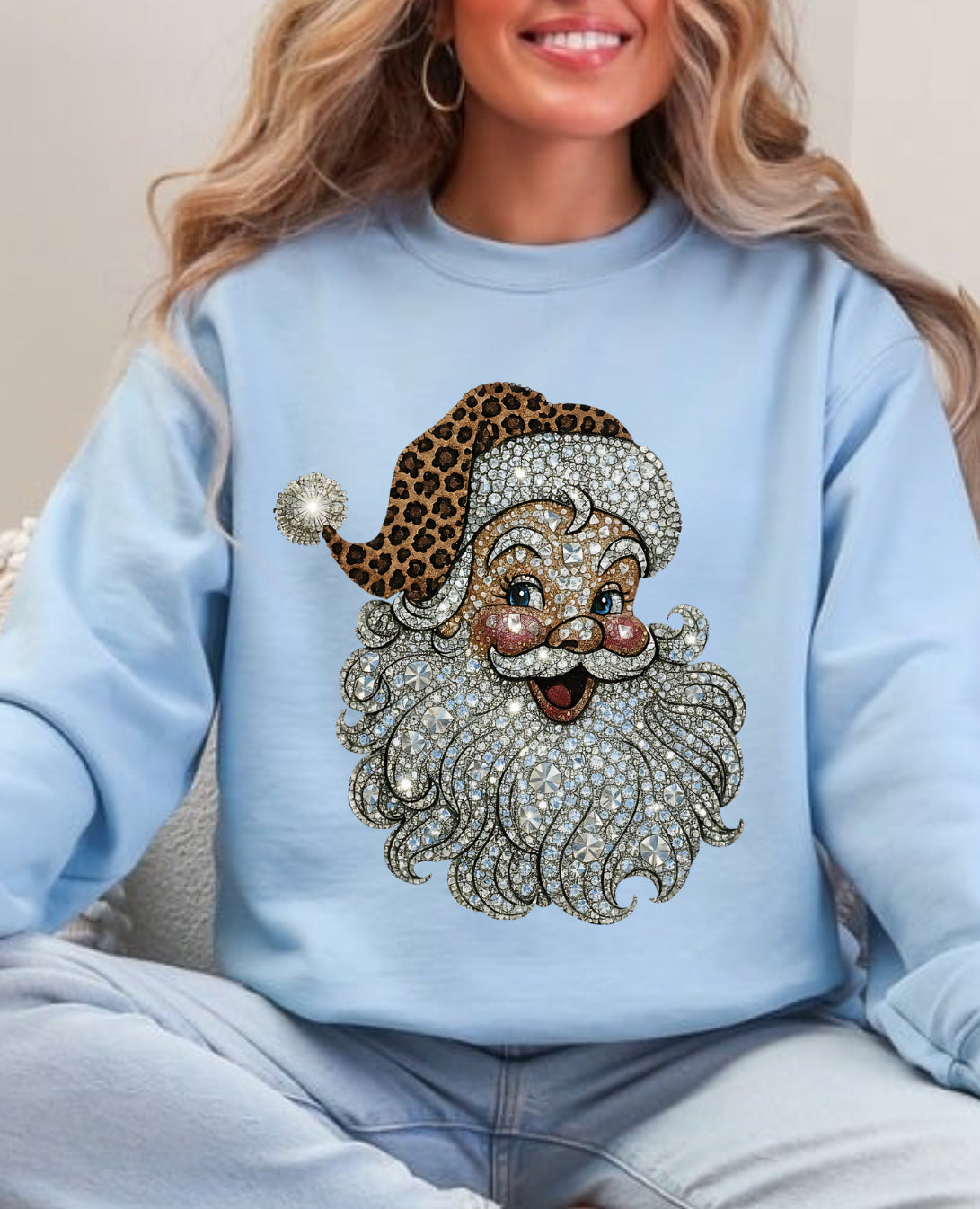 Bejeweled Santa, Cheetah Hat,  holiday Sweatshirt