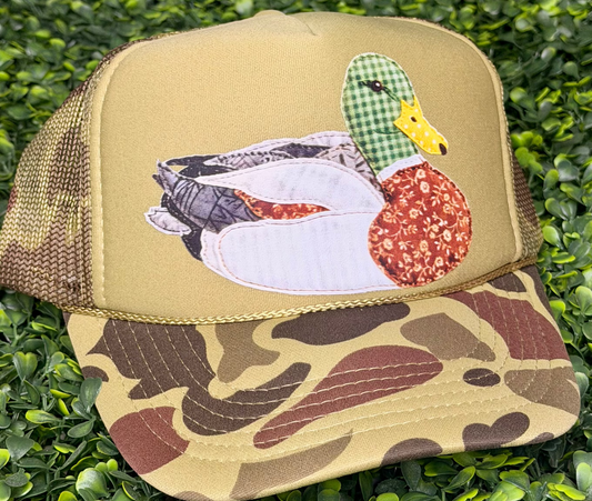 DTF Printed Faux Patchwork Mallard Duck Trucker Hat