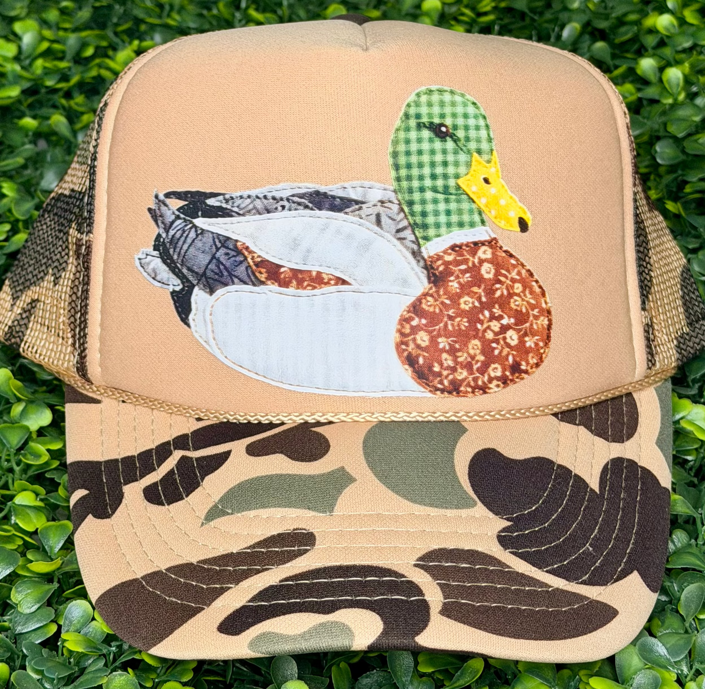 DTF Printed Faux Patchwork Mallard Duck Trucker Hat