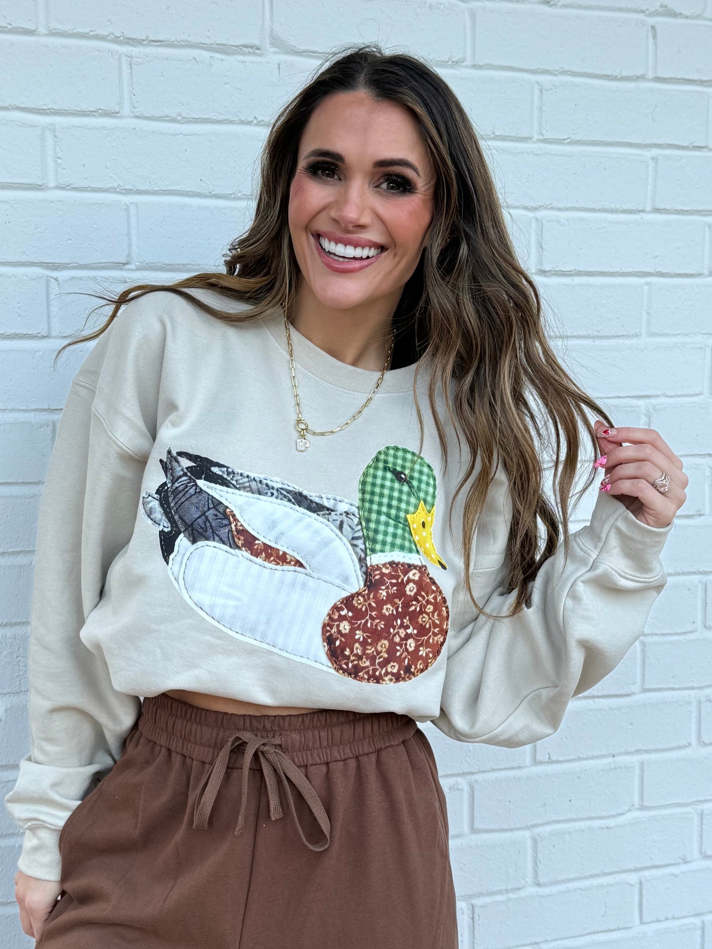 Faux DTF Print Neutral Patchwork Mallard Sweatshirt (Website)