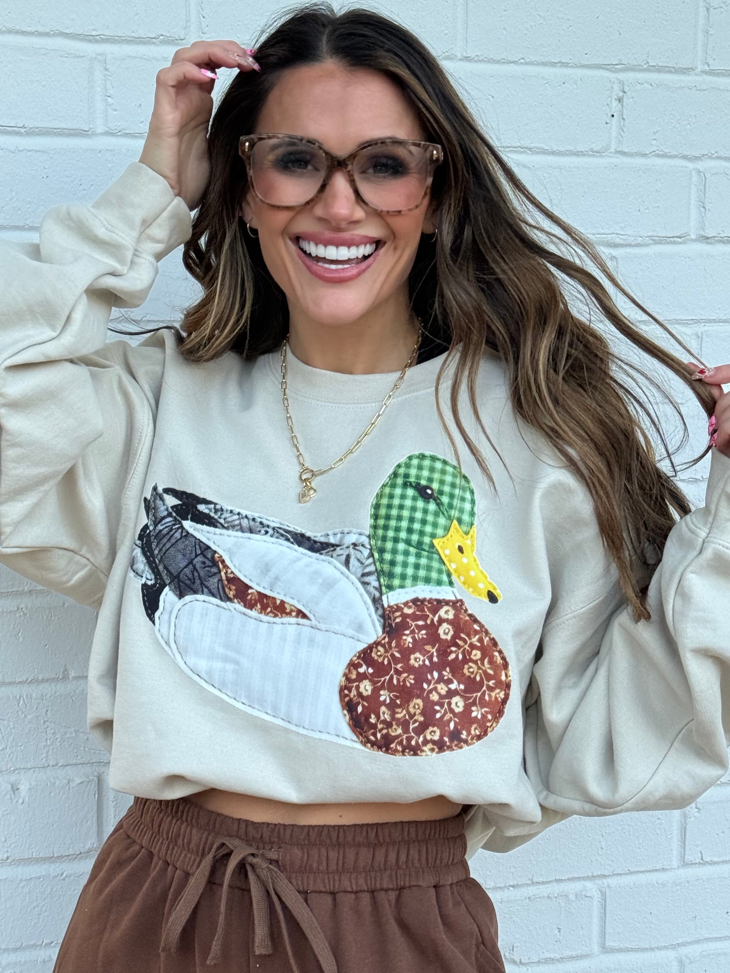 Faux DTF Print Neutral Patchwork Mallard Sweatshirt (Website)