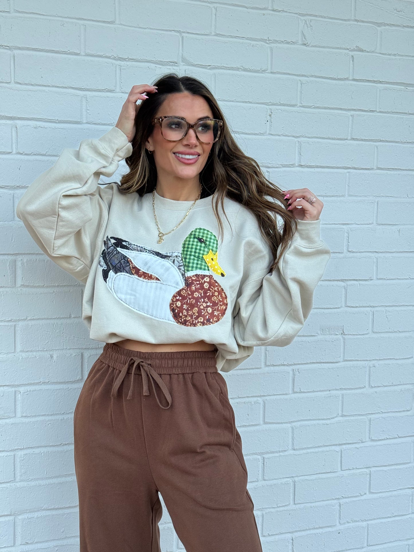 Faux DTF Print Neutral Patchwork Mallard Sweatshirt (Website)