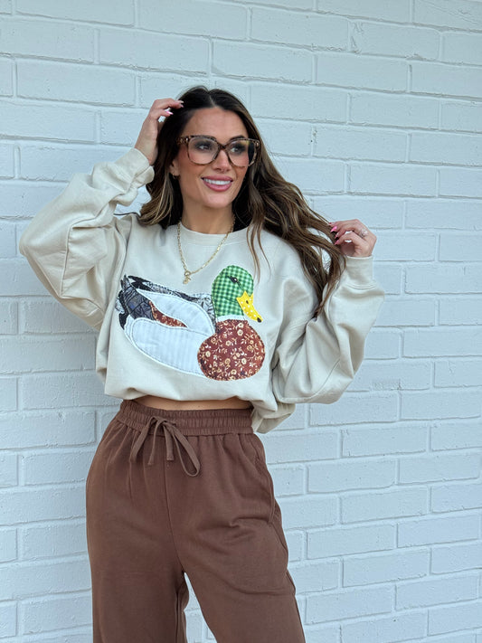 Faux DTF Print Neutral Patchwork Mallard Sweatshirt