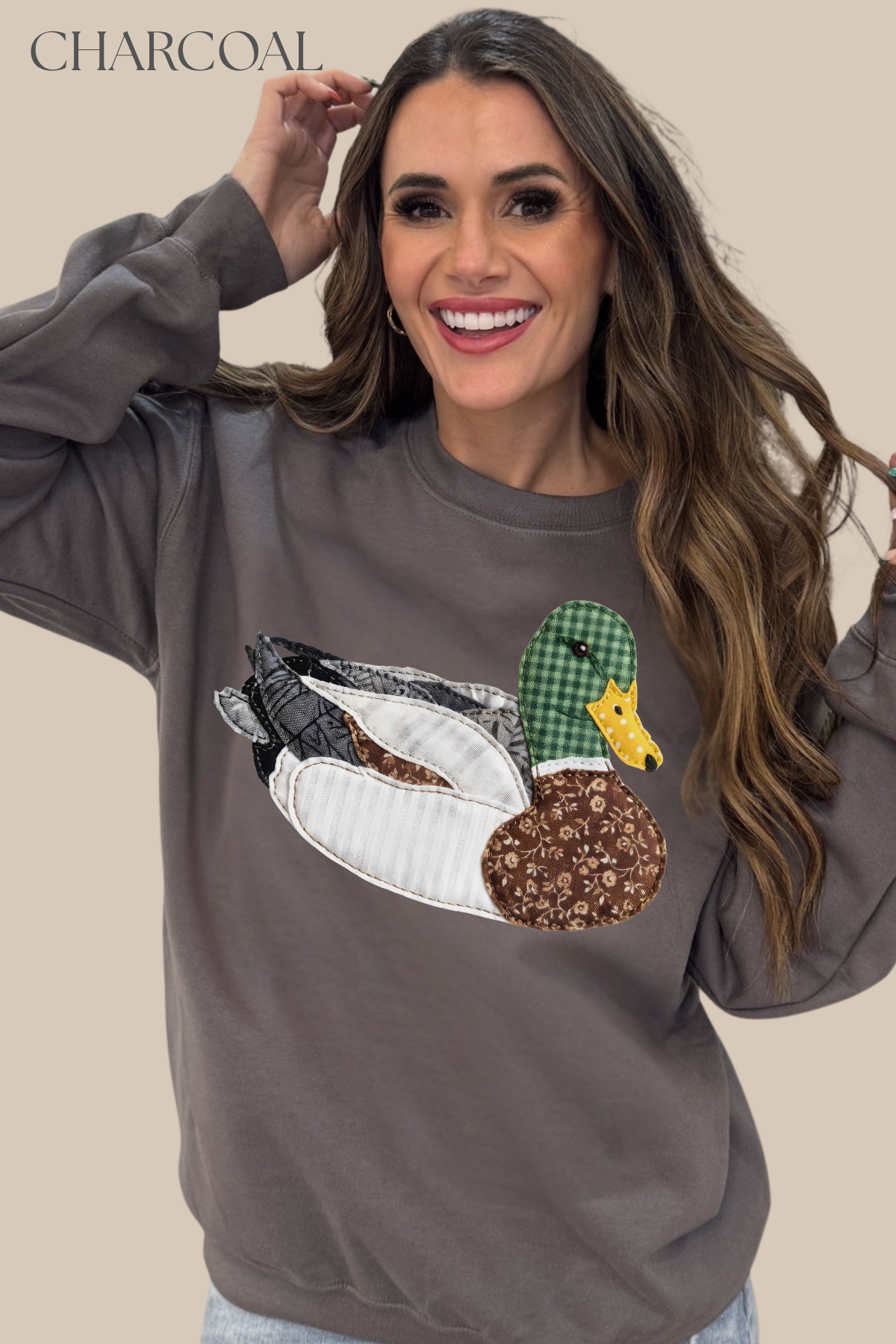 Faux DTF Print Neutral Patchwork Mallard Sweatshirt (Website)
