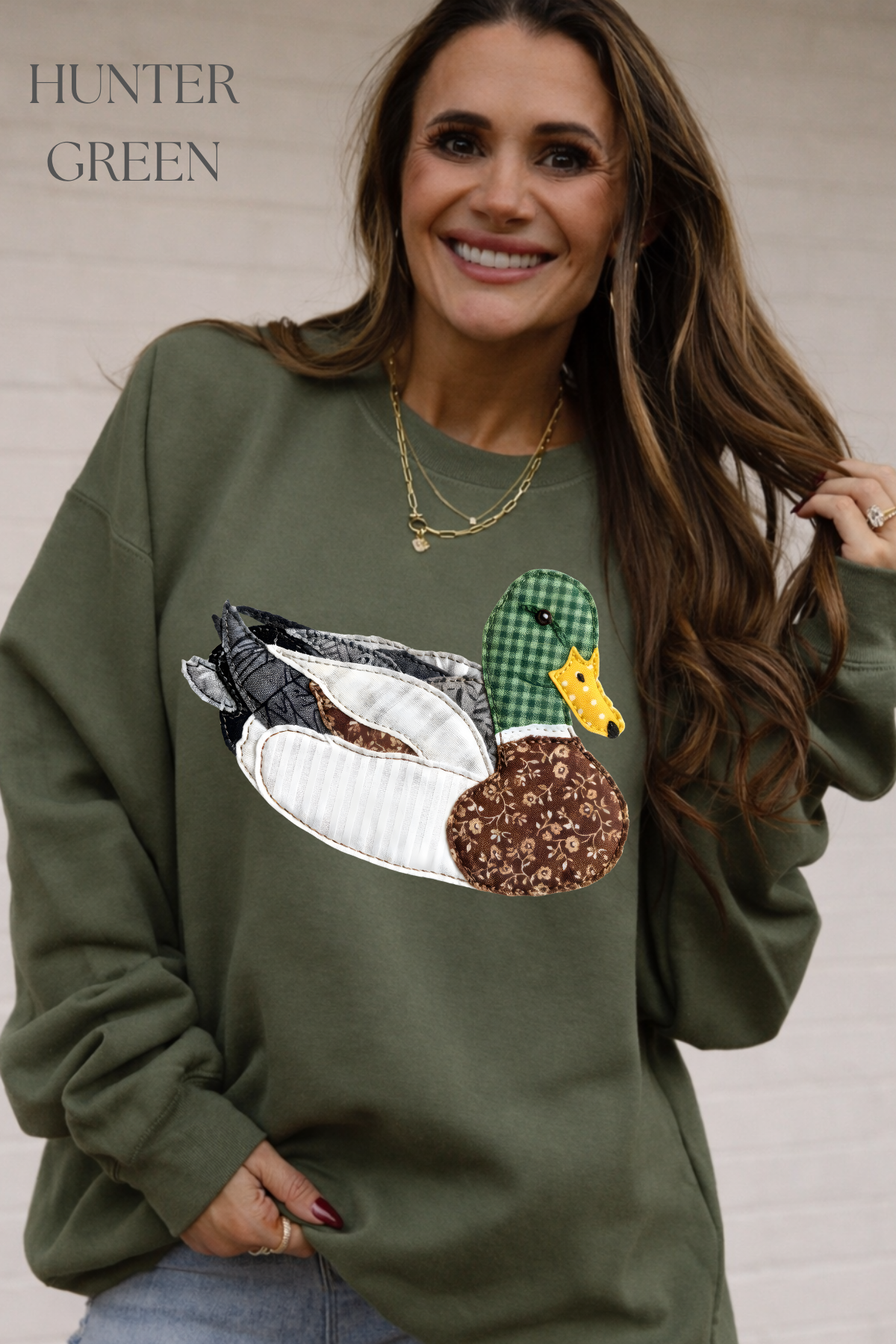 Faux DTF Print Neutral Patchwork Mallard Sweatshirt (Website)