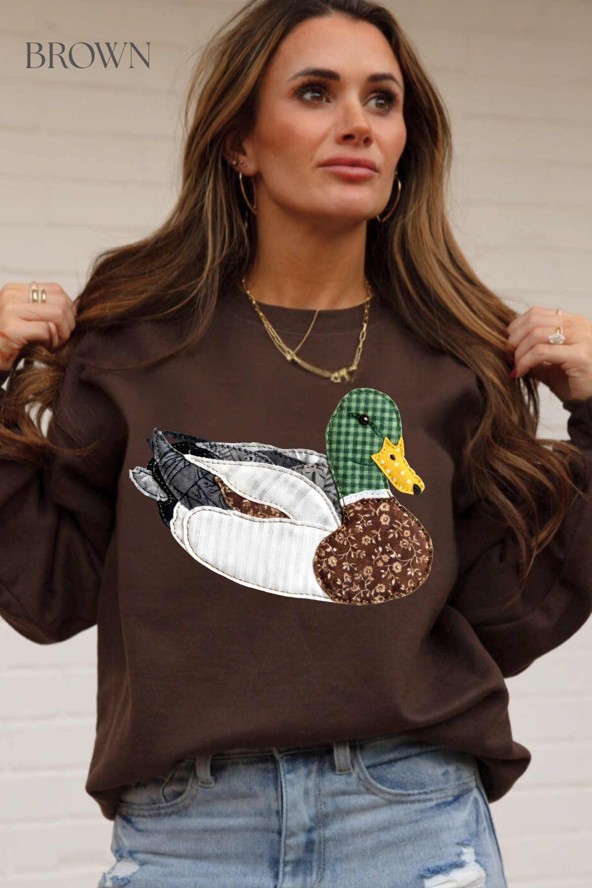 Faux DTF Print Neutral Patchwork Mallard Sweatshirt (Website)