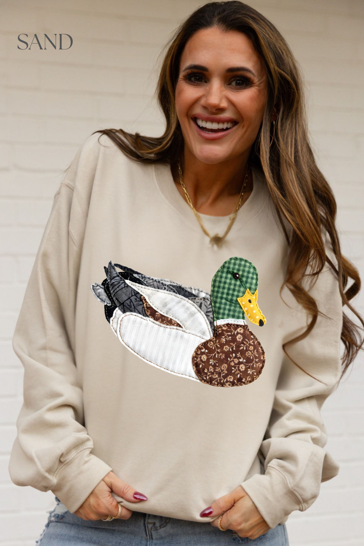 Faux DTF Print Neutral Patchwork Mallard Sweatshirt (Website)