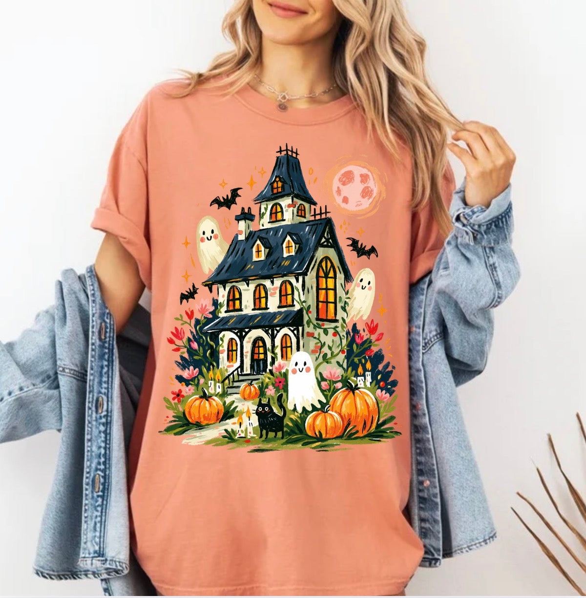 Trendy Haunted House, Brushstroke Halloween, Girly Spooky Season, Trendy Floral Fall T-shirt