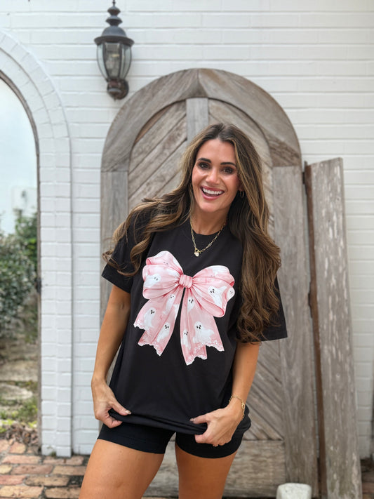Pink Ghosty Bow Black Tshirt