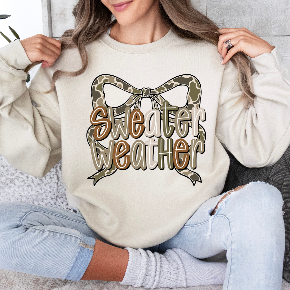 Bow Camo Sweater Weather, Western Coquette Bow, Preppy Camo, Cozy Season, Country Distressed Cowboy, Bow Camouflage, Camo Cozy Season Sweatshirt