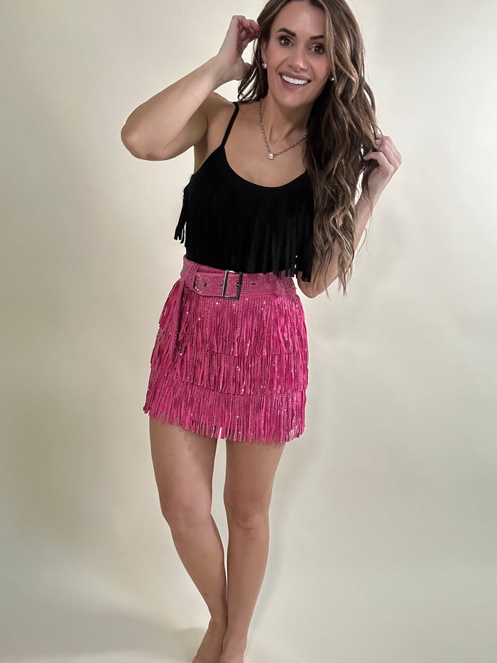 Black and pink fringe skirt hot sale