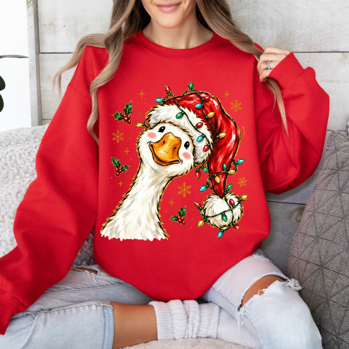 Silly Christmas Goose, Cute Goose with Santa Hat, Colorful Christmas Lights, Festive Holiday, Goose Christmas Sweatshirt