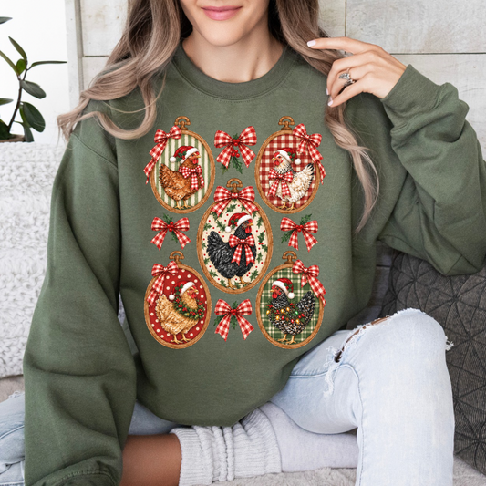 Christmas Chicken Frames, Vintage Farmhouse, Chickens in Oval Frames, Red Gingham Bow, Rustic Holiday Sweatshirt