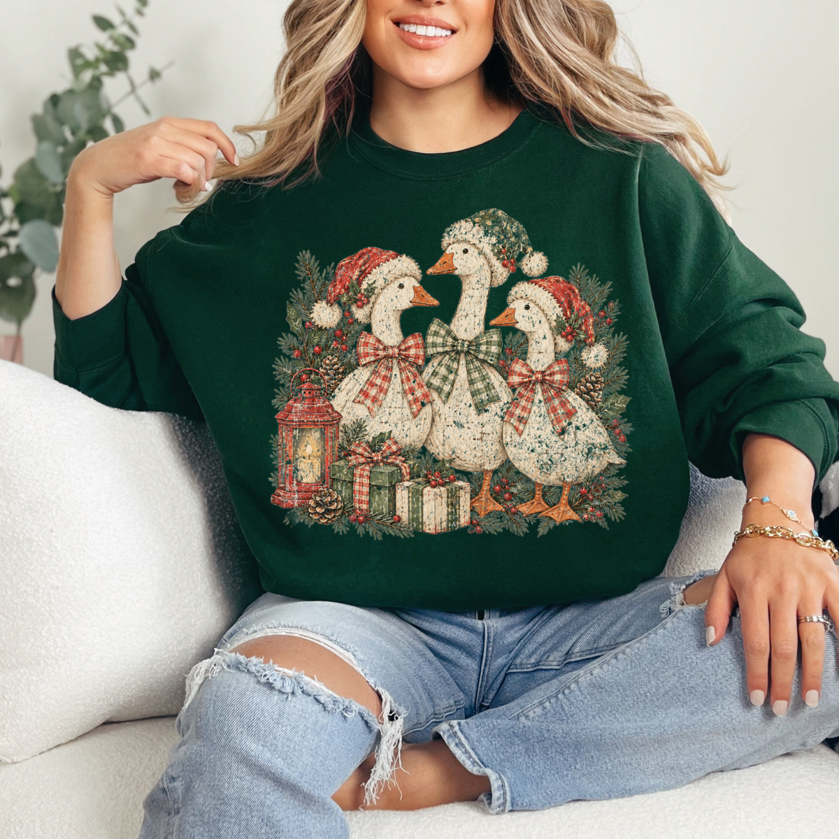 Christmas Geese Trio, Vintage Christmas Geese with Santa Hats, Farmhouse Christmas, Rustic Holiday Sweatshirt