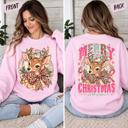 Merry Christmas Reindeer with Leopard Bow, Tis the Season, Retro Holiday, Vintage Christmas, Pink Christmas Sweatshirt