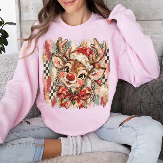 Preppy Christmas Reindeer, Retro Reindeer, Preppy Bow Checker, Leopard Brush Stroke, Distressed Christmas Sweatshirt