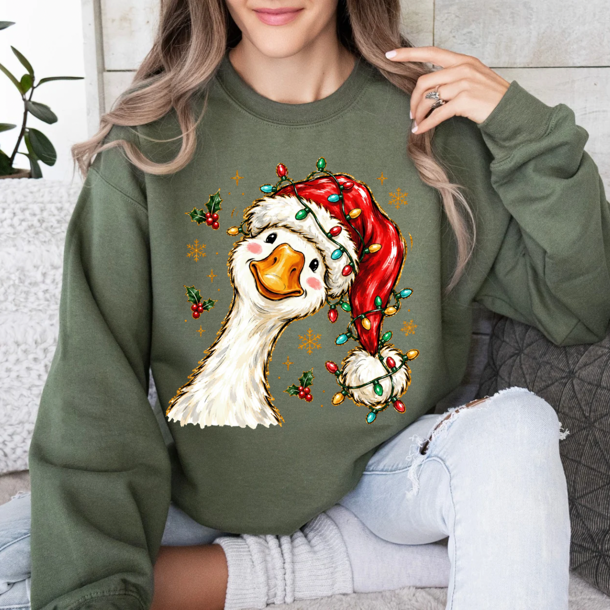 Silly Christmas Goose, Cute Goose with Santa Hat, Colorful Christmas Lights, Festive Holiday, Goose Christmas Sweatshirt