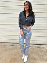 Sassy Rhinestone Fringe Cropped Blouse